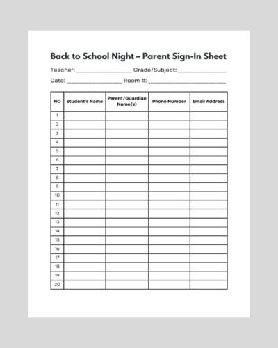 Printable Back to School Night sign-in sheet (8.5×11 PDF) – editable Canva design with fields for student and parent details.