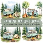 Camping Trailer Clipart Set – Watercolour Camper Van PNGs